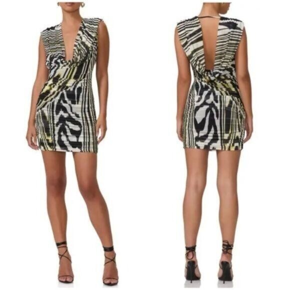 New AFRM Anthropologie Kerra Abstract Zebra Print Plunge Neck Minidress Size S - Picture 10 of 11
